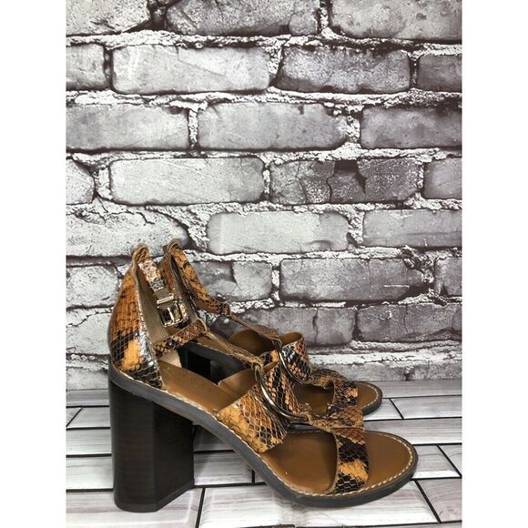 Franco Sarto Dandelion Snake Print Ankle Strappy Brown Leather Heels Women Sz 6M - Picture 3 of 16